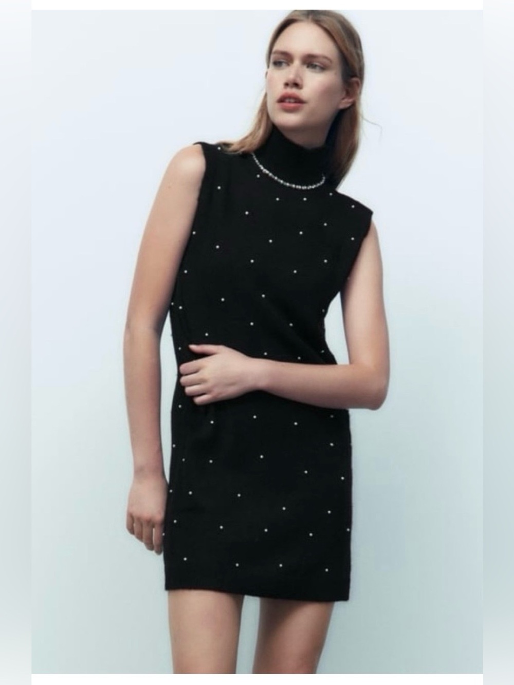 NWOT Small Zara Sleeveless Black Turtleneck Mini Dress with Pearl Embellishments